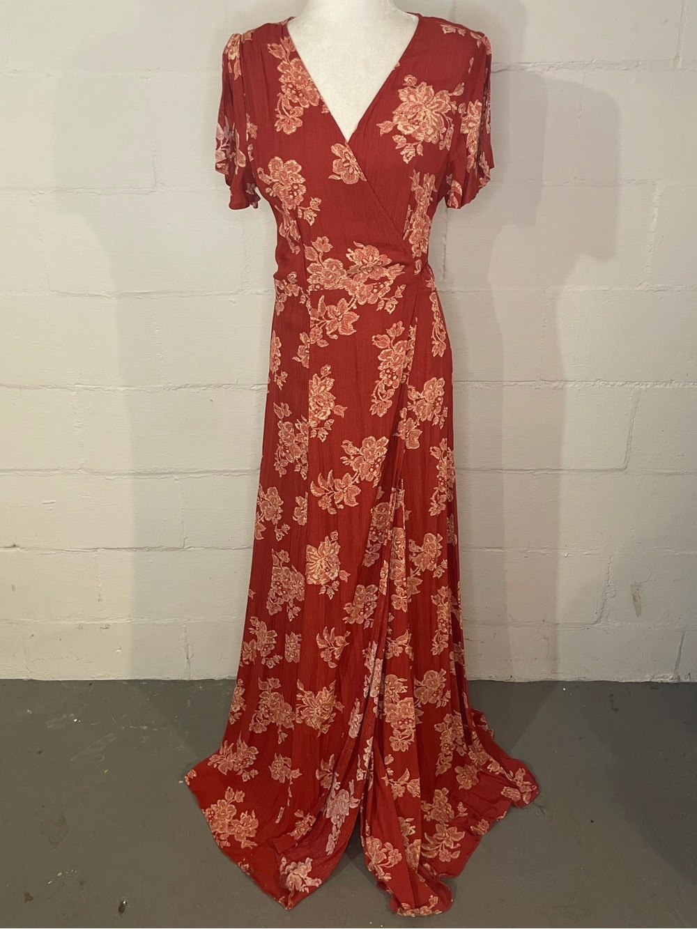 Lulu's Rust-Red Floral Wrap Maxi Dress with Cream Print
